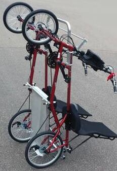 Blackbird Bikes EZ Quadribent side-by-side recumbent bicycle standing on its tail for easy bicycle storage