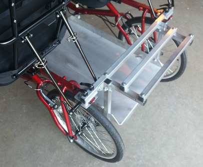 Blackbird Bikes EZ Quadribent side-by-side recumbent bicycles with large cargo platform and cargo rack for 3 people on a bicycle.