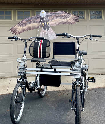 Sociable tandem of 2 Schwinn Loop upright pedal bicycles connected with a Go4 Kit from Blackbird Bikes