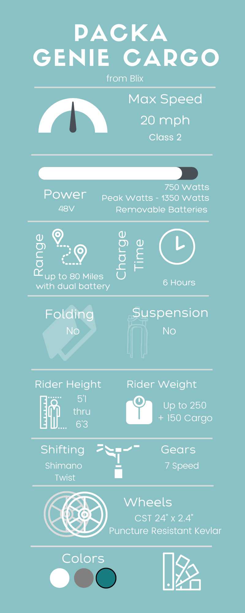 Infographic about the Blix Packa Genie eBike that is compatible with the Go4-E Connection Kit to create a Blackbird Bikes Sociable Tandem side-by-side quadribike. This 4 wheel bicycle offers a stable ride inclusive for all abilities and adaptive to special needs riders.