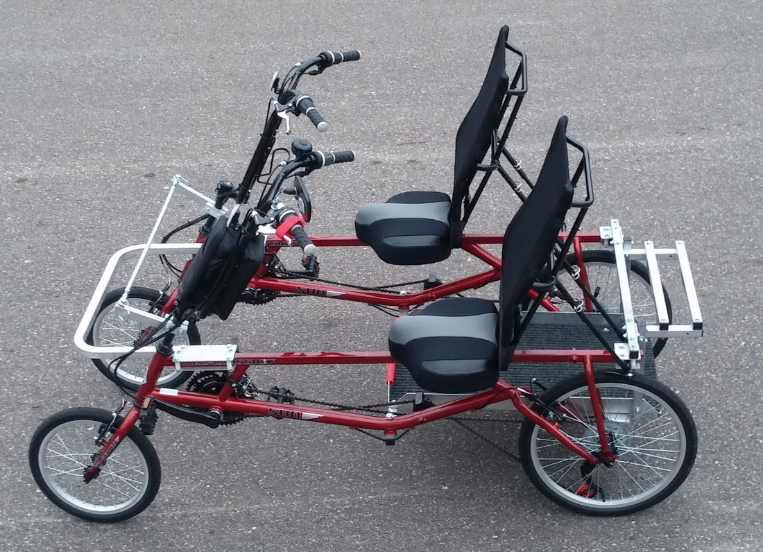 Blackbird Bikes EZ Quadribent side-by-side recumbent bicycles with large platform for bike riding dogs.